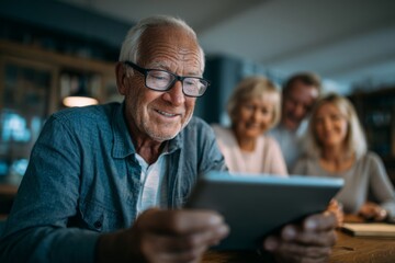 Elderly person using a tablet with guidance from a family member, bridging the digital divide.