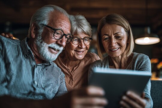 Elderly person using a tablet with guidance from a family member, bridging the digital divide.