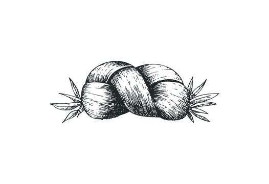 Detailed sketch of a braided bread loaf with wheat design elements. Vector retro hand drawn illustration