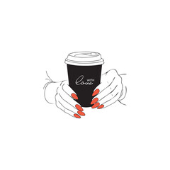 female hands with red nails and coffee in paper cups vector black and white sketch
