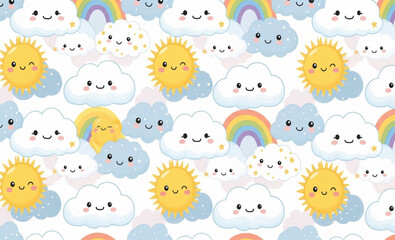 Cute Clouds and Sun Pattern | Seamless Kawaii Weather Background for Children's Products, Textile Design, and Nursery Decor