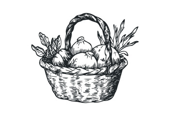 Fototapeta premium Hand-drawn basket of fresh vegetables including onions and herbs. Vector retro hand drawn illustration