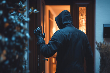 Burglar with hood breaking into a house through the door.