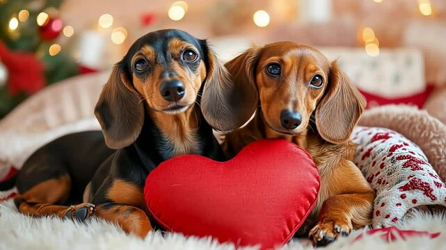 Adorable dachshunds with heart pillow in cozy holiday setting.