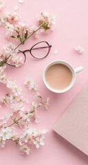 Delicate pink aesthetic with flowers, coffee, and glasses