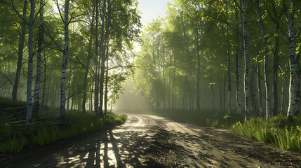 Obraz premium Serene Sunlit Forest Paths: Morning Light Filtering Through Lush Canopies