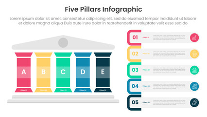Five pillars framework with ancient classic construction infographic with 5 point stage template with colorfull pillar and rectangle round container for slide presentation