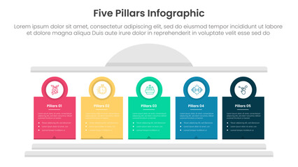 Five pillars framework with ancient classic construction infographic with 5 point stage template with creative block pillar and circle badge outline for slide presentation