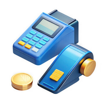 Pos terminal card reader and coin isolated on transparent background