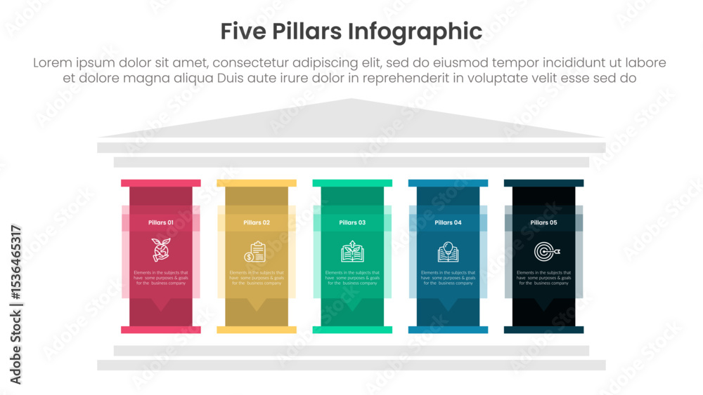 Fototapete five pillars framework with ancient classic construction infographic with 5 point stage template wit