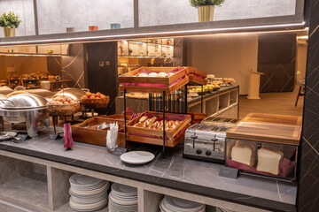 Buffet table with assorted bread selection