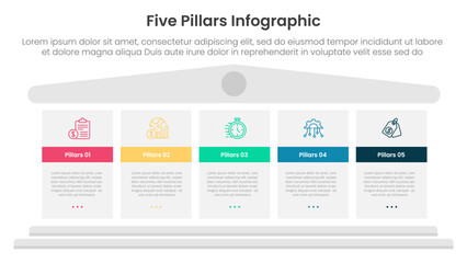Five pillars framework with ancient classic construction infographic with 5 point stage template with big block pillars for slide presentation