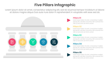 Five pillars framework with ancient classic construction infographic with 5 point stage template with round building and circle pillar badge for slide presentation