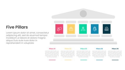 Five pillars framework with ancient classic construction infographic with 5 point stage template with big pillars on right column side for slide presentation