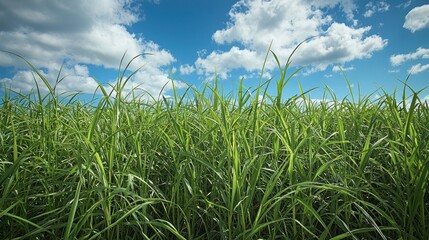 Lush tropical grassland under partly cloudy sky, midday light