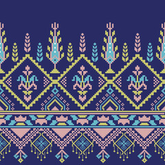  Colorful pixel-style ethnic design with leaf shapes and tribal diamonds, on a night-sky blue background.