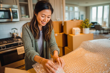 Young Asian woman packing in kitchen, smiling while wrapping items with bubble wrap – moving, relocation and new home concept.