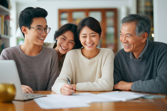 Asian family together at home, smiling and supporting young woman studying – education, happiness, generational support concept