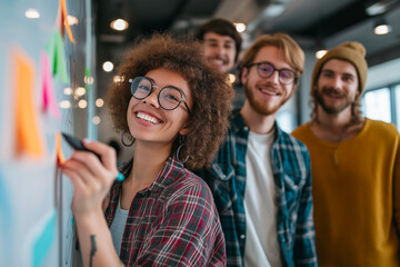 Young creative team brainstorming ideas, smiling coworkers collaborating in modern office – teamwork, innovation, diversity concept.