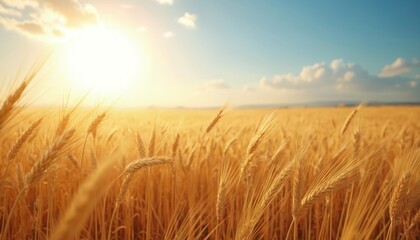 Obraz premium Golden wheat field bathed in soft morning light. Warm sun, serene environment, scenic rural landscape. Farming, agriculture, crop season summer growth. Peaceful farmland background.