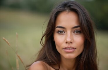 Fototapeta premium Portrait of young natural woman no make-up. Beautiful female with brown hair, eyes. Confident facial expression, skin glow. Ideal for beauty blogs, cosmetic ads, everyday life, skin care.