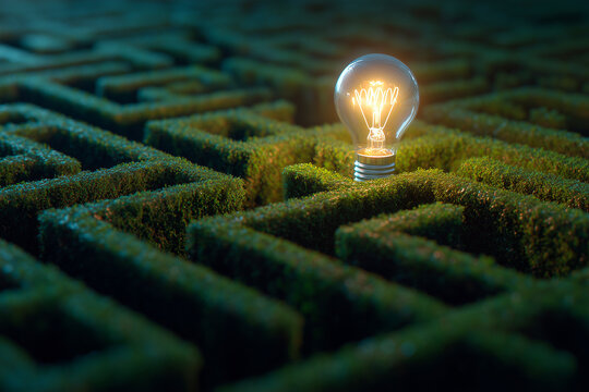 Illuminated light bulb in the center of a green hedge maze, symbolizing innovation and solving challenges – creativity, inspiration, and finding ideas