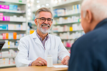 Senior male pharmacist in white coat smiling while advising elderly male patient in pharmacy, healthcare consultation and trust – medical advice and wellness concept.