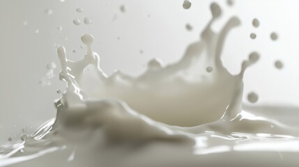Macro shot of milk droplets on white surface, ultra clean template style