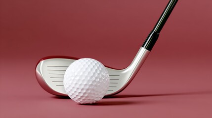 Golf ball and a golf club are on a red background