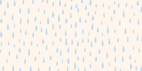 Seamless Pattern of Blue Raindrops on Light Beige Background. Simple Hand Drawn Flat Vector Illustration. Repeating Monsoon Season Design for Wrapping Paper, Fabric or Background Use.