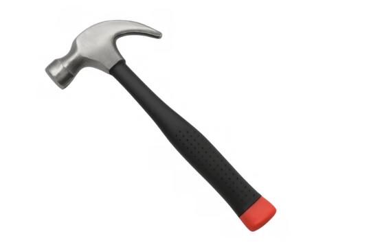 Steel claw hammer with black and red rubber handle isolated on transparent background, ideal for diy and construction projects
