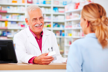Senior male pharmacist smiling at customer in pharmacy, giving medication advice and friendly service – Healthcare, trust, elderly professional concept.