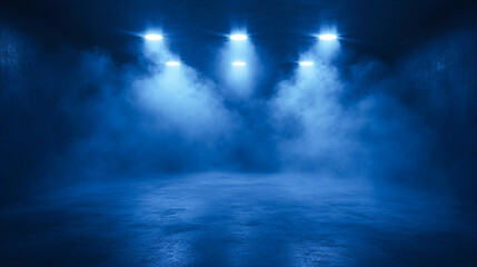 Fototapeta premium A dark empty street, dark blue background, an empty dark scene, neon light, spotlights The asphalt floor and studio room with smoke float up the interior texture. night view