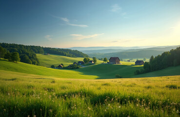 Naklejka premium Rolling green hills Black Forest Germany with farmhouses, rural scene. Rich meadows, trees, fields, nature. Summer day, scenic panorama view, travel destination. Ideal for tourism, countryside