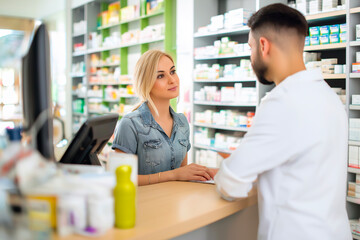 Young woman consulting pharmacist at pharmacy counter, discussing health and medication – healthcare advice and customer service concept.