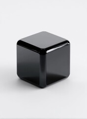 A glossy, black cube sits on a white background, casting a subtle shadow.  Its smooth surface reflects light