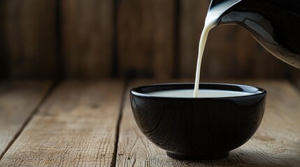 Milk being poured into cereal bowl on a clean wooden background with space for branding