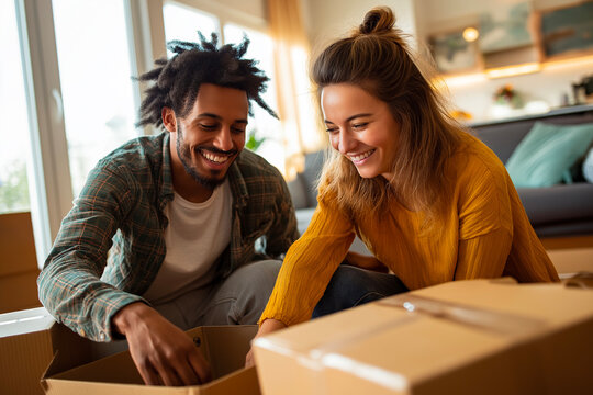 Young couple unpacking moving boxes in cozy living room, smiling and bonding – home relocation, togetherness, new beginnings.