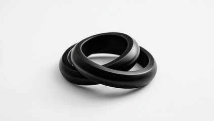 Two matte black, oval rings interlocked, resting on a bright white background; simple, elegant design