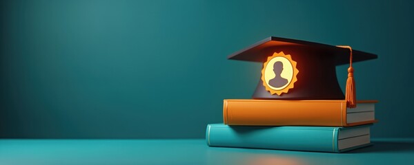 Illustration online learning concept. Glowing badge on graduation cap atop books represents successful e-learning course completion, education, achievement. Innovation, technology, pro development,