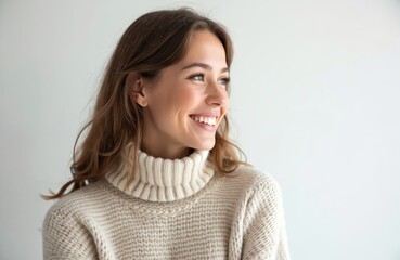 Young woman smiles, looks to the side. Attractive female with perfect teeth, natural beauty. Brunette hair, casual warm beige sweater. Beautiful face, positive emotion. Studio shot, white background.