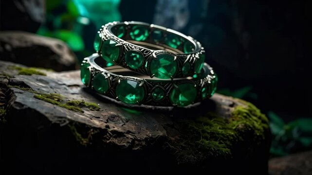 Two silver tone bracelets with emerald colored gemstones displayed on mossy wood against a dark, lush green background