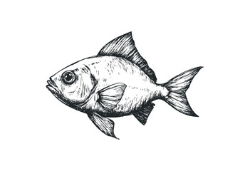 Fototapeta premium Detailed hand-drawn sketch of a fish with prominent fins and scales. Vector retro hand drawn illustration