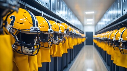 American Football Team Locker Room Yellow Helmets and Jerseys Ready for Game Day
