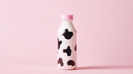 Minimal scene of fresh milk bottle with cow print design on pastel background