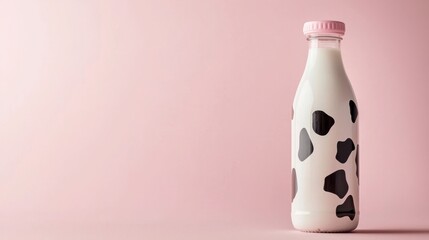 Minimal scene of fresh milk bottle with cow print design on pastel background