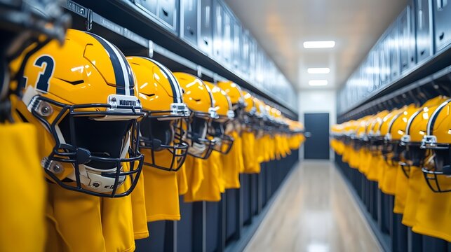 American Football Team Locker Room Yellow Helmets and Jerseys Ready for Game Day