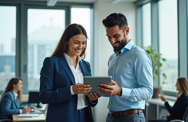 Two business people look at digital tablet in modern office. Attractive woman, handsome man smile. Colleagues work in the background. Corporate, teamwork, discussing project, business plan, startup.