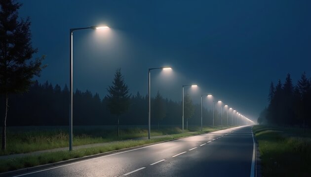 Modern LED street lighting illuminates road at night. Energy efficient lamps light up highway at dark. Night road with LED light posts at dusk, energy saving concept.