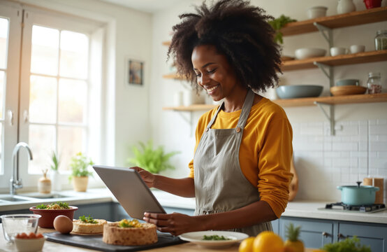 Happy young African American woman cooks in kitchen. She uses digital tablet for online recipe, streaming broadcast. Smiling girl enjoys home hobby. Culinary, meal preparation concepts.